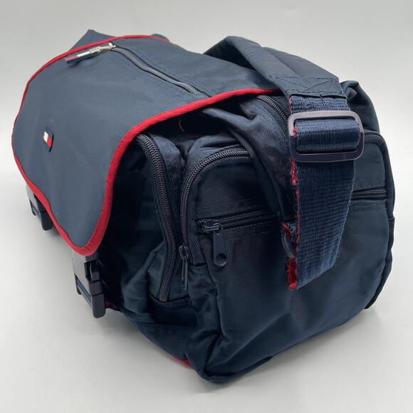 Vintage 90s Tommy Hilfiger Navy Red Messenger Bag Embroidered Logo - Picture 2 of 10